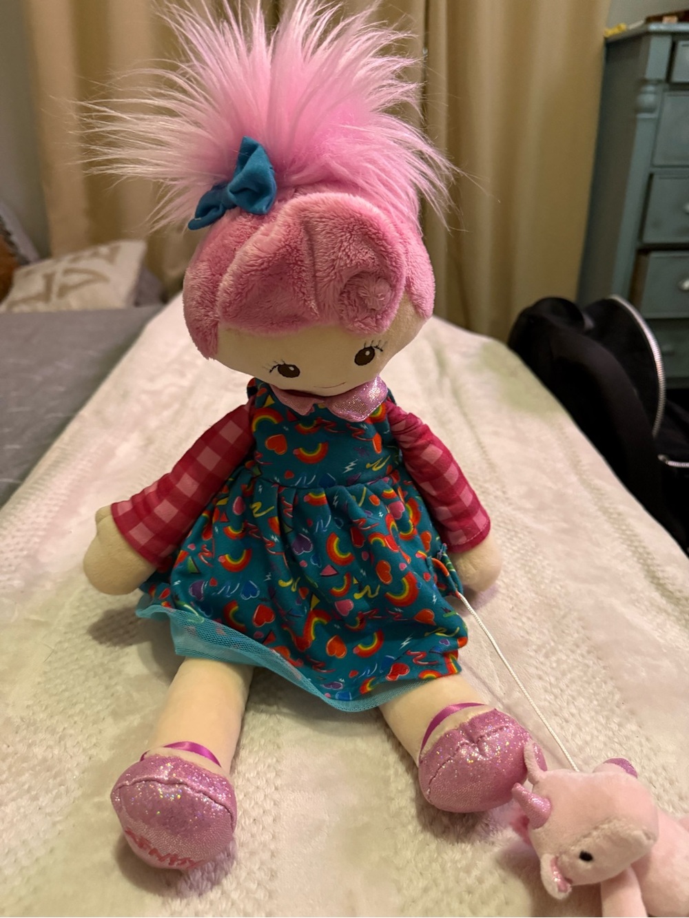 Scentsy Pink-Haired Plush Doll with Teal Rainbow Dress
